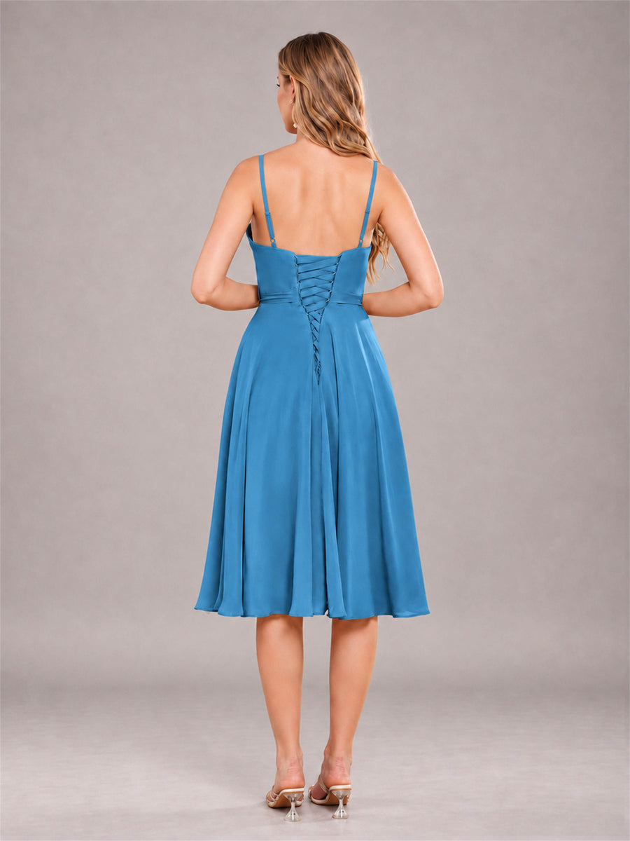 Blue Simple Spaghetti Straps Knee Length Chiffon Short Bridesmaid Dress