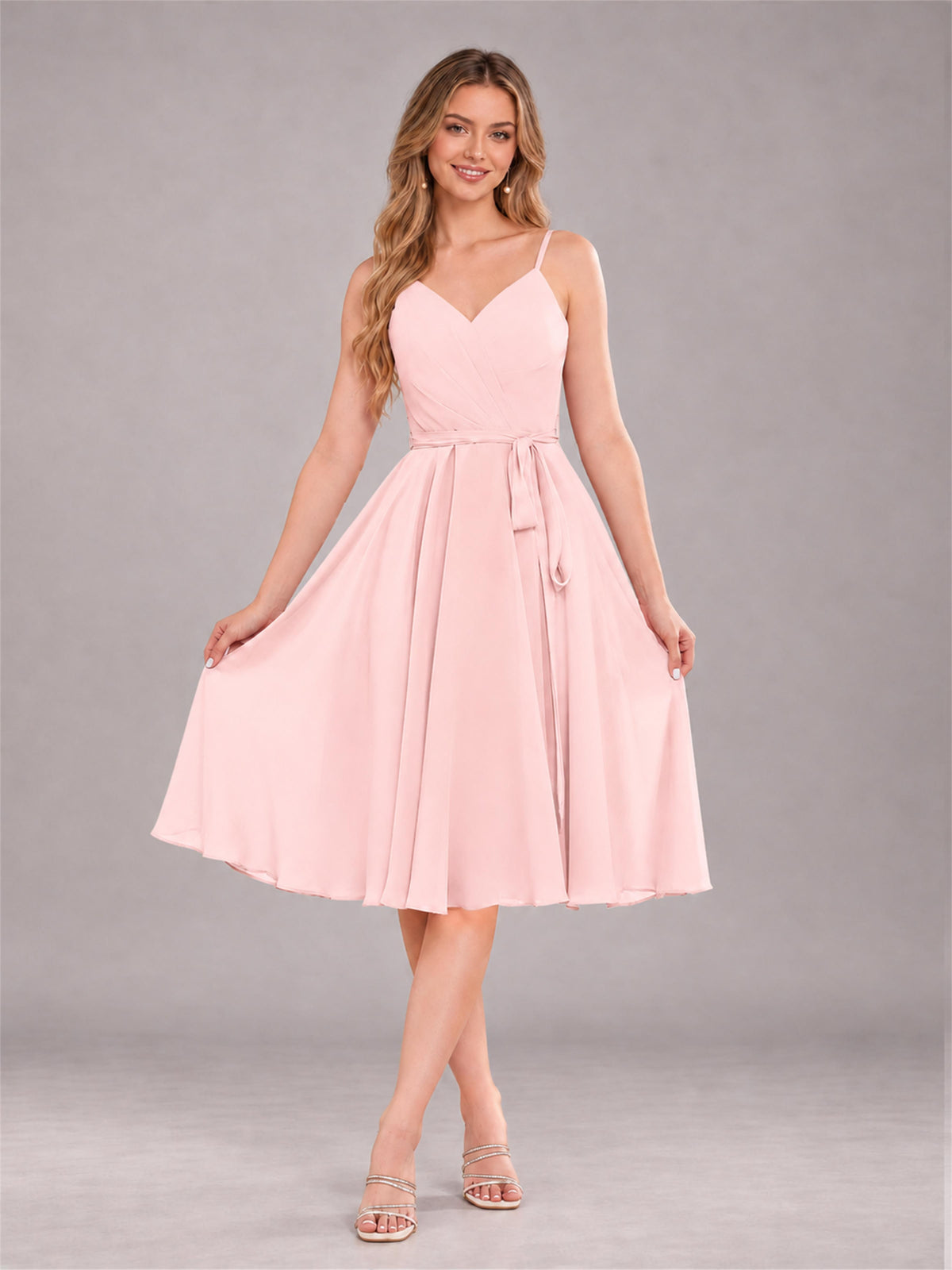 Blush Pink Simple Spaghetti Straps Knee Length Chiffon Short Bridesmaid Dress