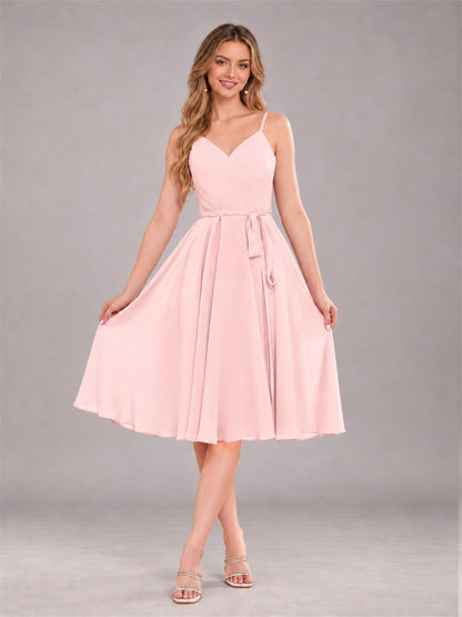 Blush Pink Simple Spaghetti Straps Knee Length Chiffon Short Bridesmaid Dress