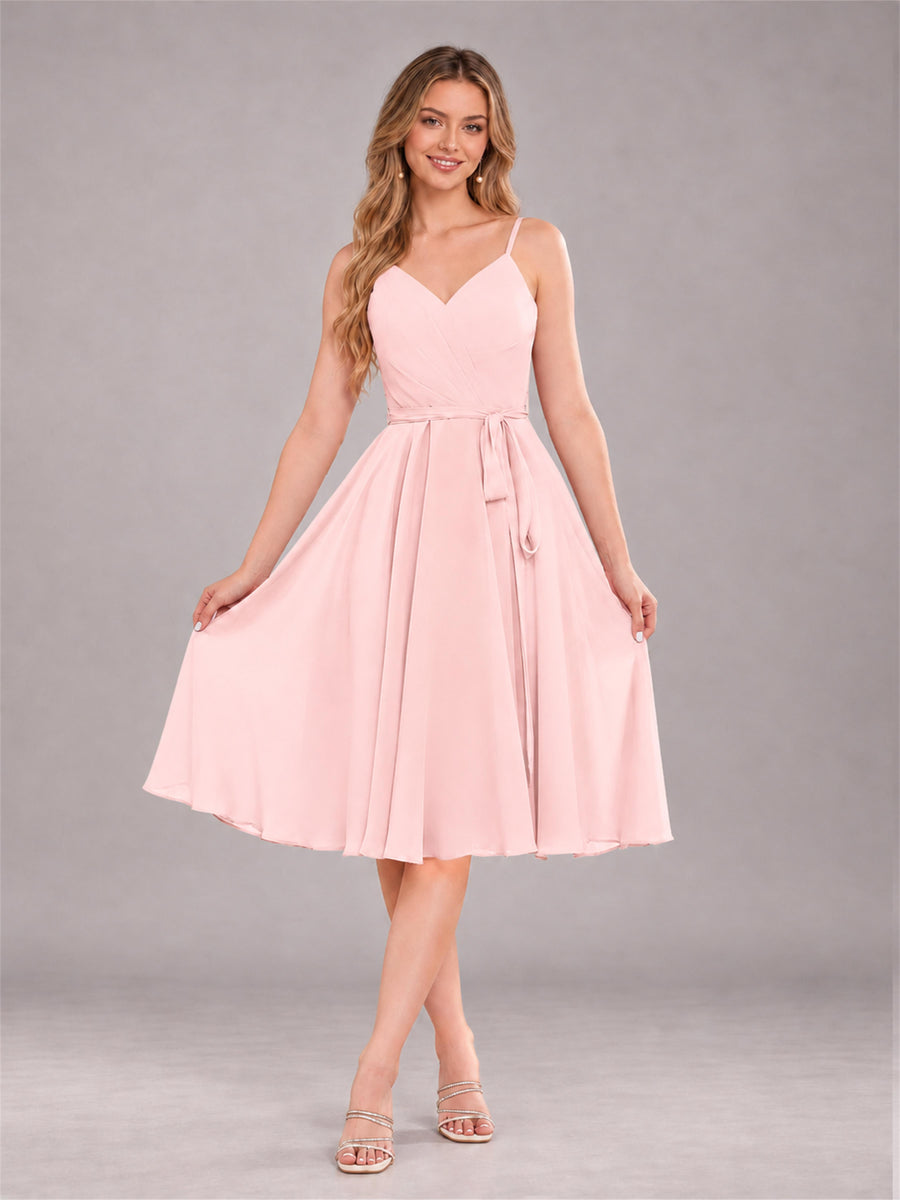 Blush Pink Simple Spaghetti Straps Knee Length Chiffon Short Bridesmaid Dress