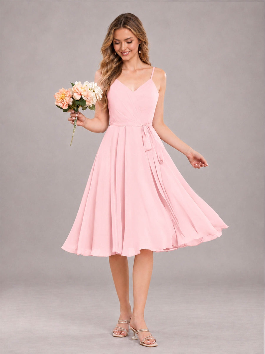 Blush Pink Simple Spaghetti Straps Knee Length Chiffon Short Bridesmaid Dress