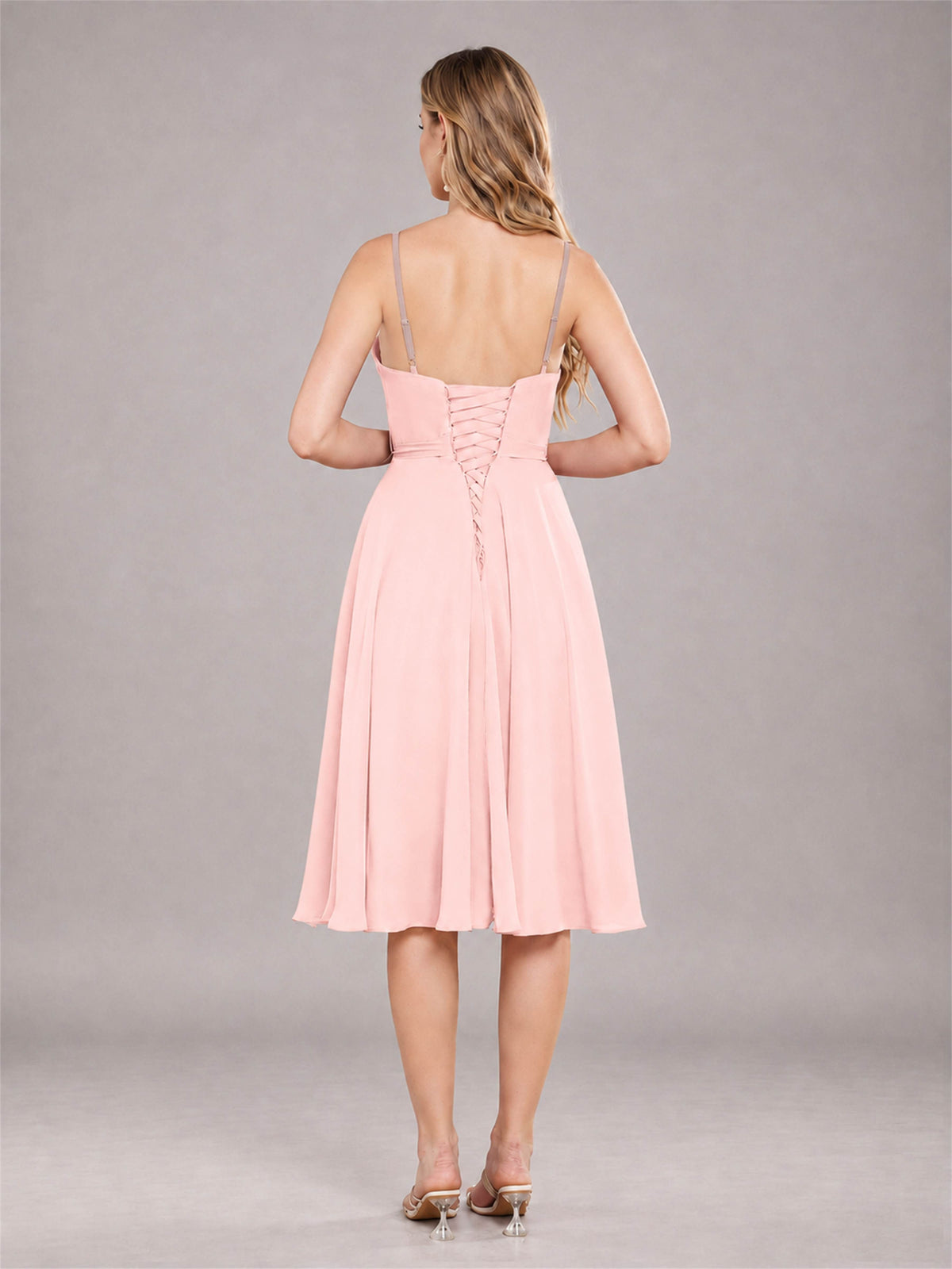 Blush Pink Simple Spaghetti Straps Knee Length Chiffon Short Bridesmaid Dress