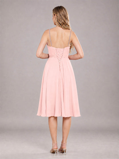 Blush Pink Simple Spaghetti Straps Knee Length Chiffon Short Bridesmaid Dress