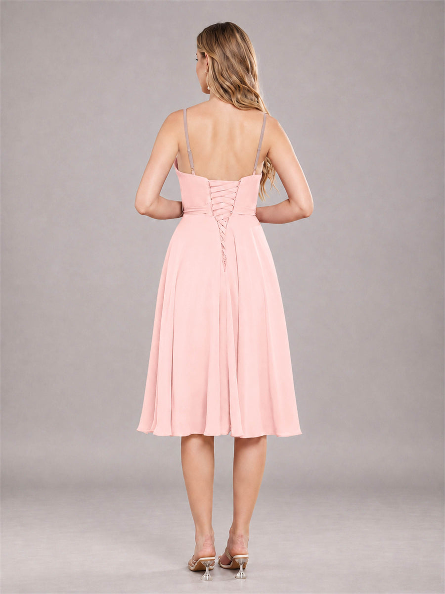 Blush Pink Simple Spaghetti Straps Knee Length Chiffon Short Bridesmaid Dress