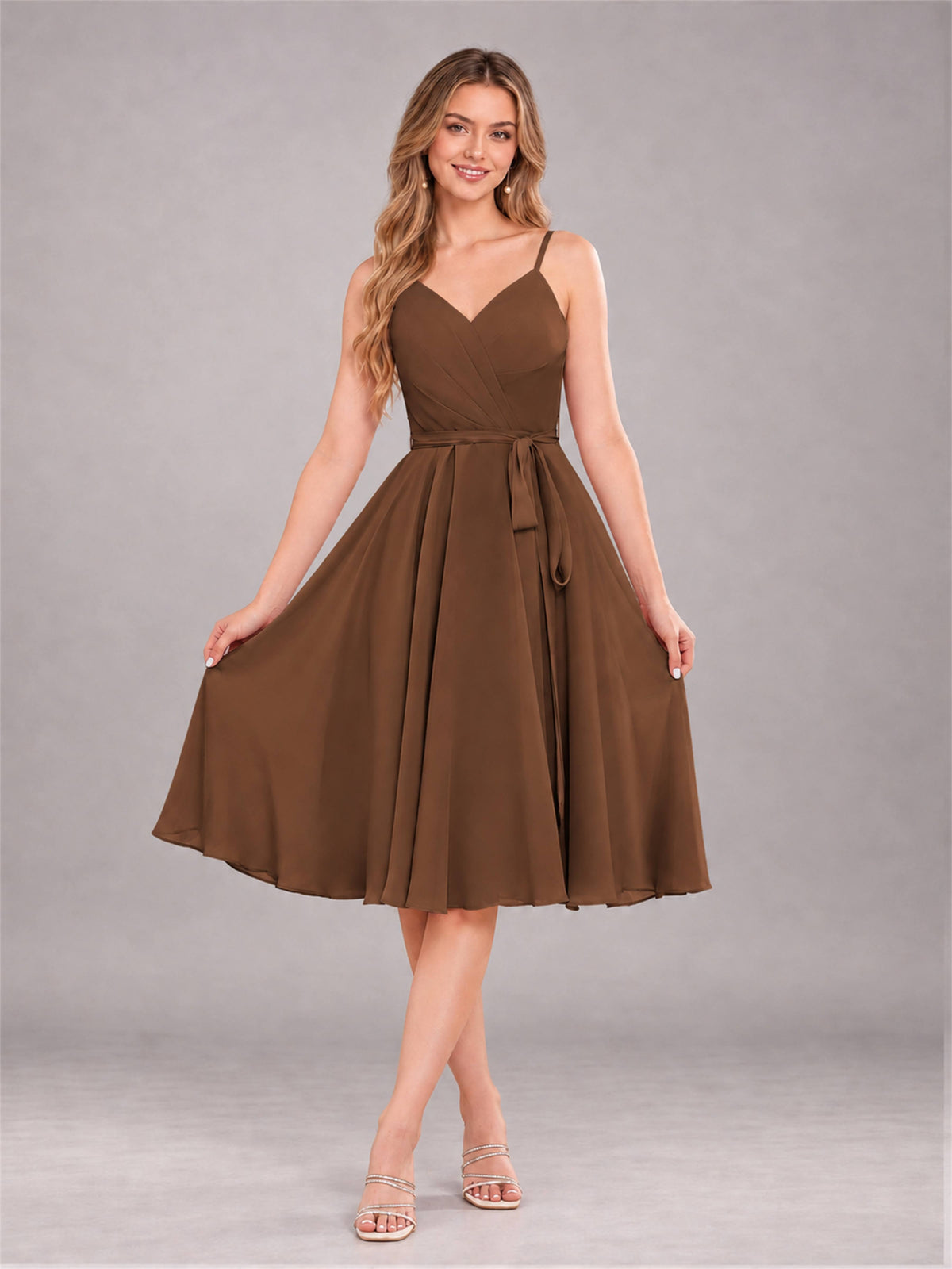 Brown Simple Spaghetti Straps Knee Length Chiffon Short Bridesmaid Dress