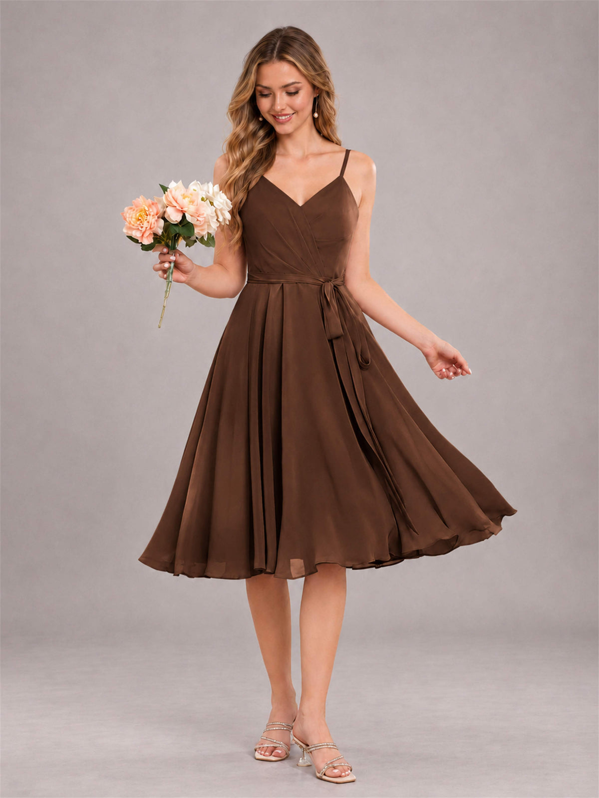 Brown Simple Spaghetti Straps Knee Length Chiffon Short Bridesmaid Dress
