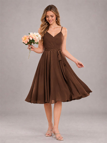 Brown Simple Spaghetti Straps Knee Length Chiffon Short Bridesmaid Dress