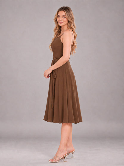 Brown Simple Spaghetti Straps Knee Length Chiffon Short Bridesmaid Dress