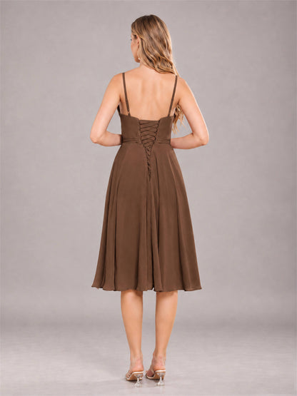 Brown Simple Spaghetti Straps Knee Length Chiffon Short Bridesmaid Dress