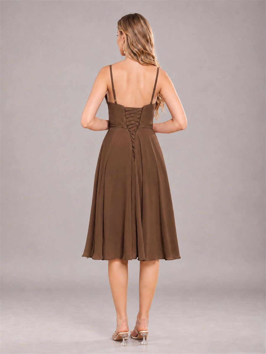 Brown Simple Spaghetti Straps Knee Length Chiffon Short Bridesmaid Dress