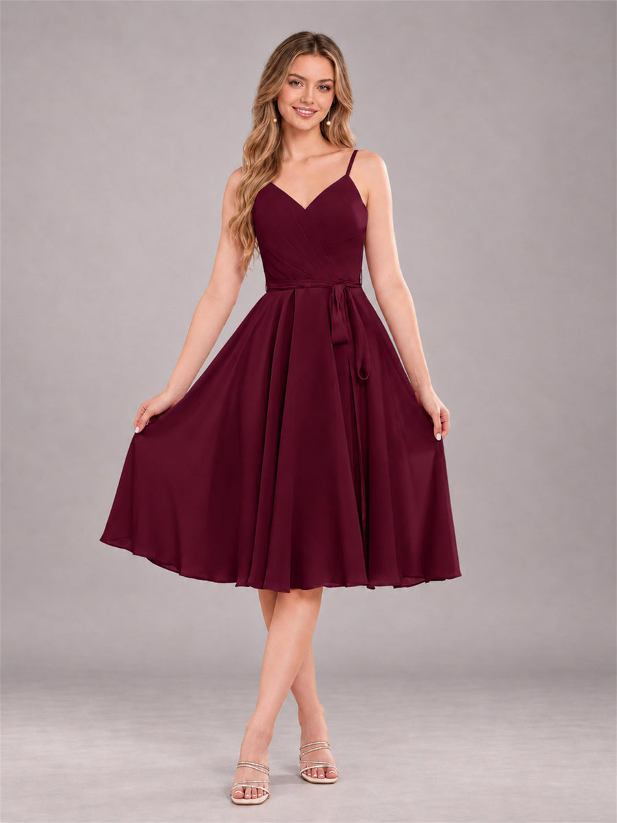 Burgundy Simple Spaghetti Straps Knee Length Chiffon Short Bridesmaid Dress