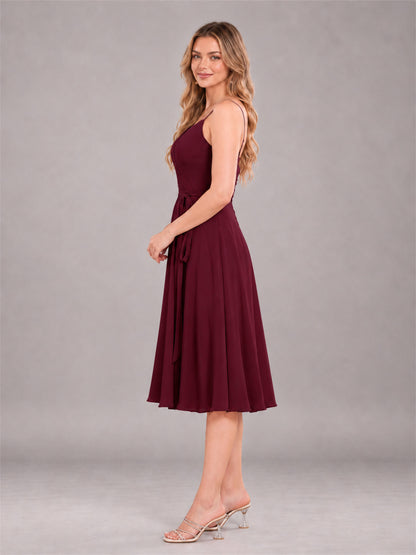 Burgundy Simple Spaghetti Straps Knee Length Chiffon Short Bridesmaid Dress