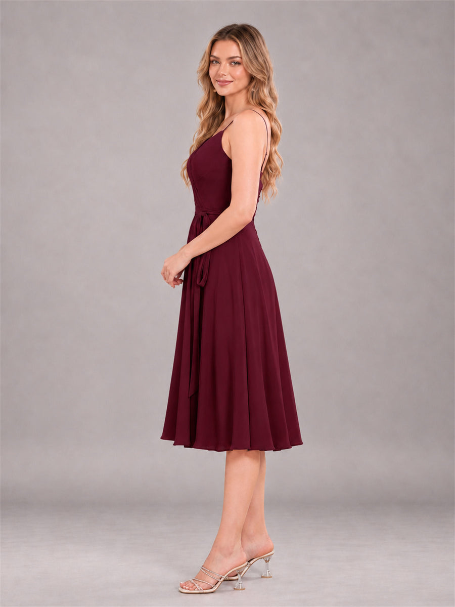 Burgundy Simple Spaghetti Straps Knee Length Chiffon Short Bridesmaid Dress
