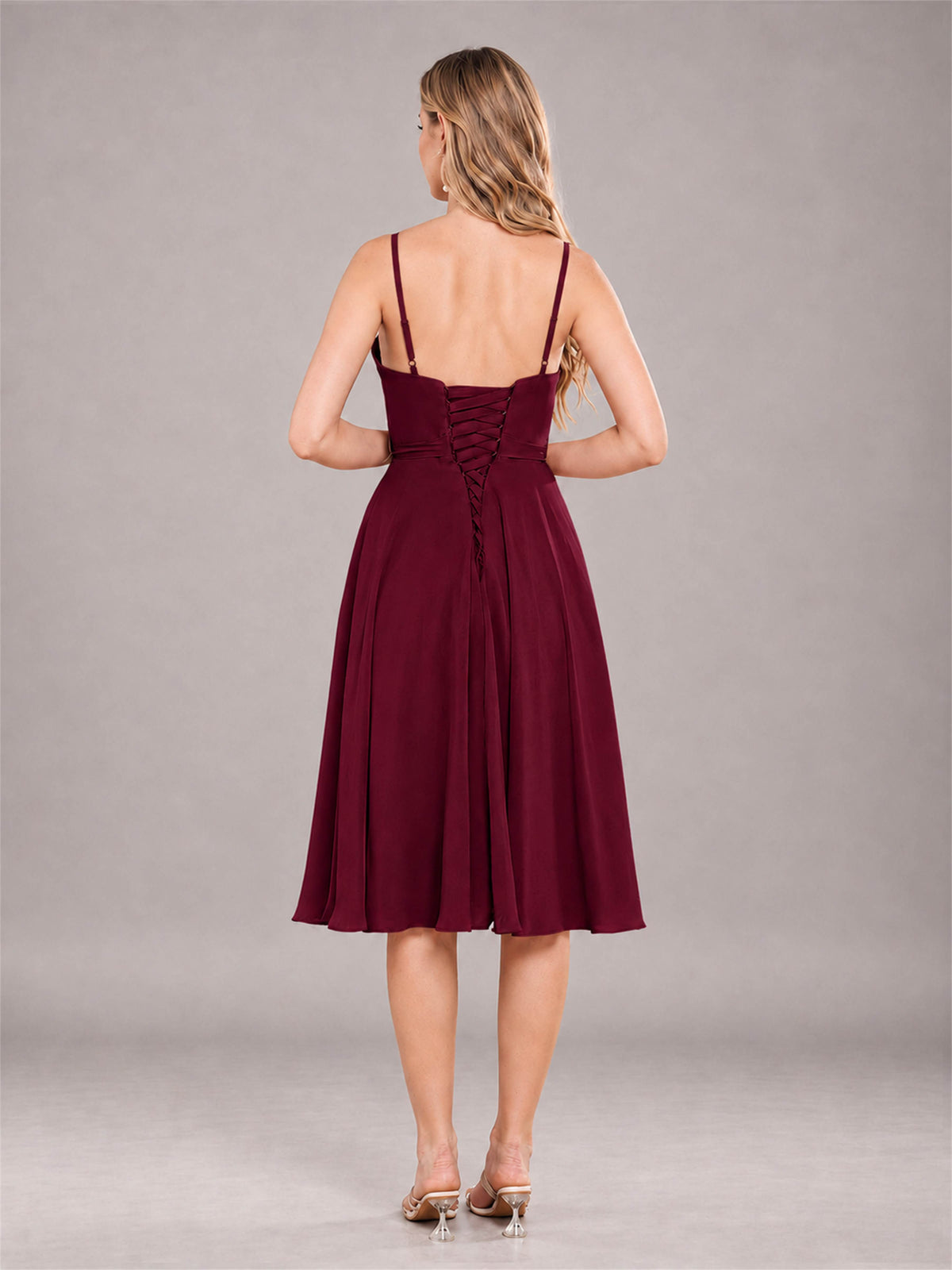 Burgundy Simple Spaghetti Straps Knee Length Chiffon Short Bridesmaid Dress
