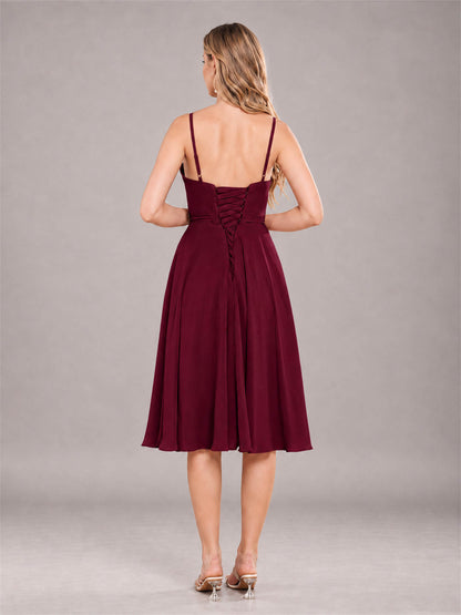 Burgundy Simple Spaghetti Straps Knee Length Chiffon Short Bridesmaid Dress