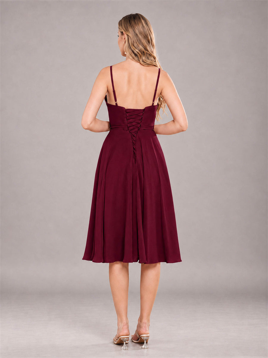 Burgundy Simple Spaghetti Straps Knee Length Chiffon Short Bridesmaid Dress