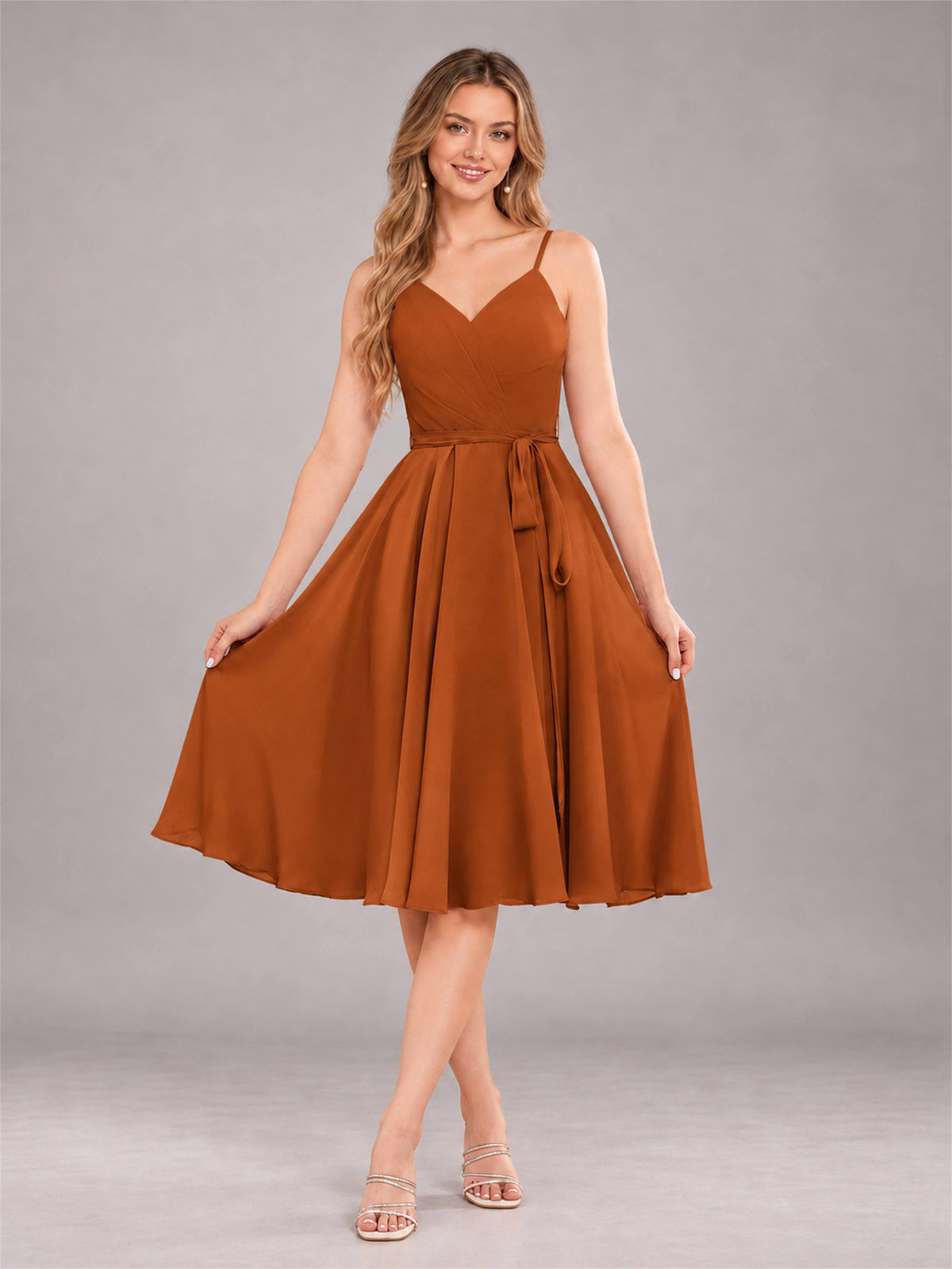 Burnt Orange Simple Spaghetti Straps Knee Length Chiffon Short Bridesmaid Dress