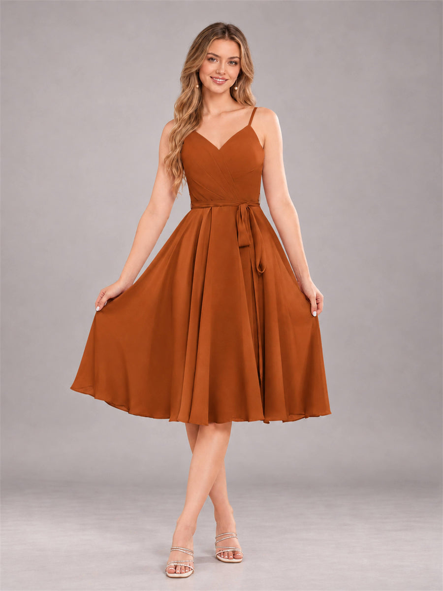 Burnt Orange Simple Spaghetti Straps Knee Length Chiffon Short Bridesmaid Dress
