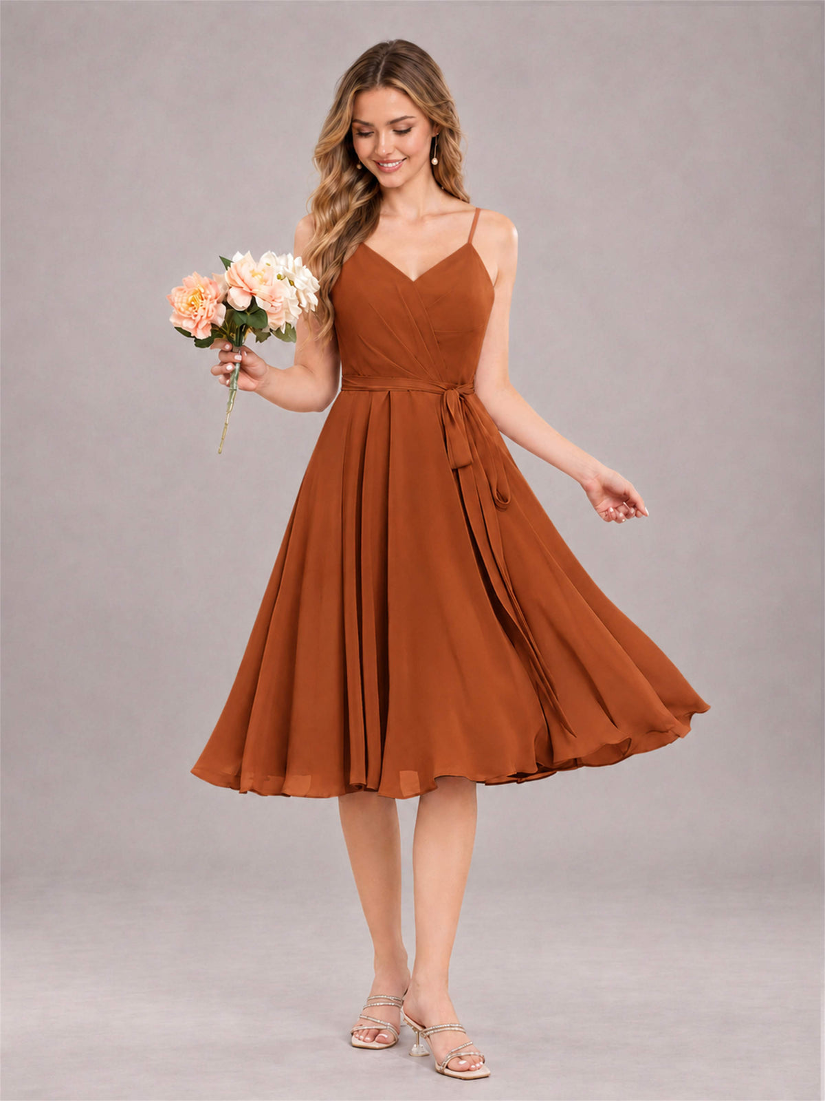 Burnt Orange Simple Spaghetti Straps Knee Length Chiffon Short Bridesmaid Dress