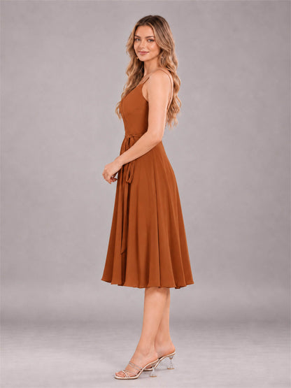 Burnt Orange Simple Spaghetti Straps Knee Length Chiffon Short Bridesmaid Dress