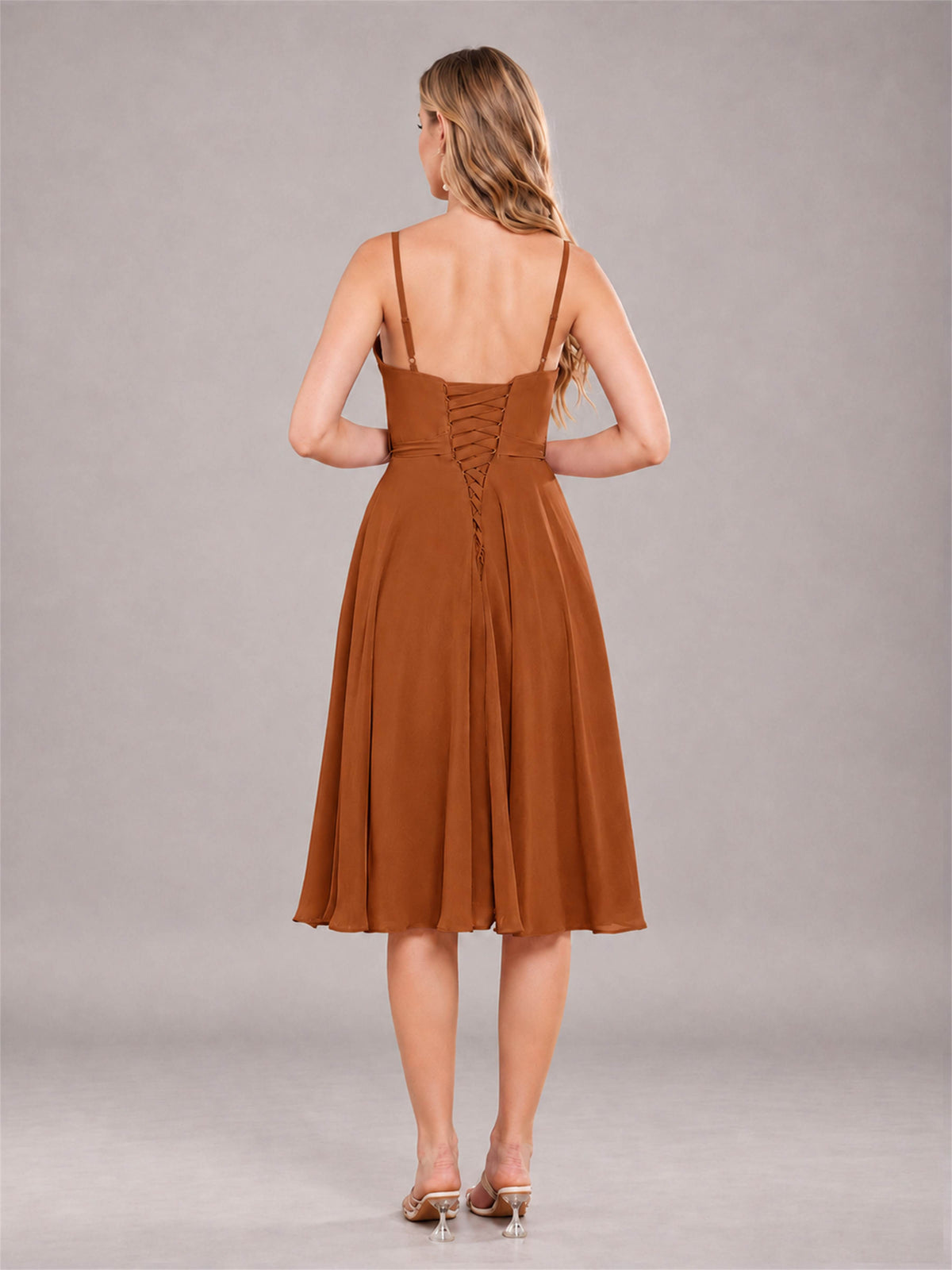 Burnt Orange Simple Spaghetti Straps Knee Length Chiffon Short Bridesmaid Dress