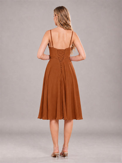 Burnt Orange Simple Spaghetti Straps Knee Length Chiffon Short Bridesmaid Dress
