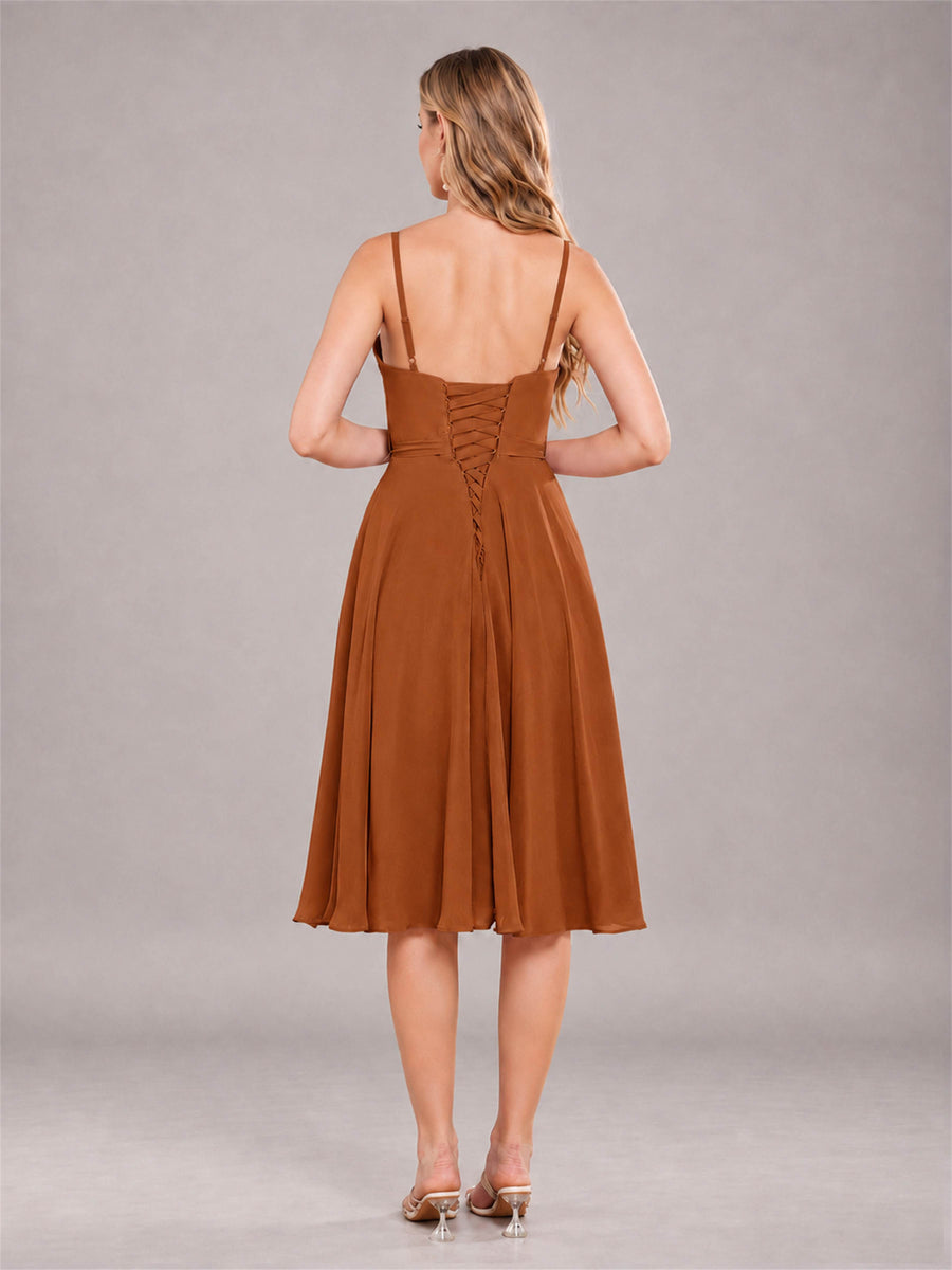 Burnt Orange Simple Spaghetti Straps Knee Length Chiffon Short Bridesmaid Dress