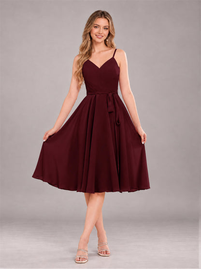 Cabernet Simple Spaghetti Straps Knee Length Chiffon Short Bridesmaid Dress
