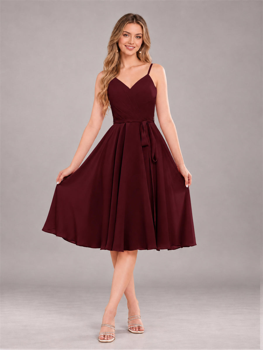 Cabernet Simple Spaghetti Straps Knee Length Chiffon Short Bridesmaid Dress
