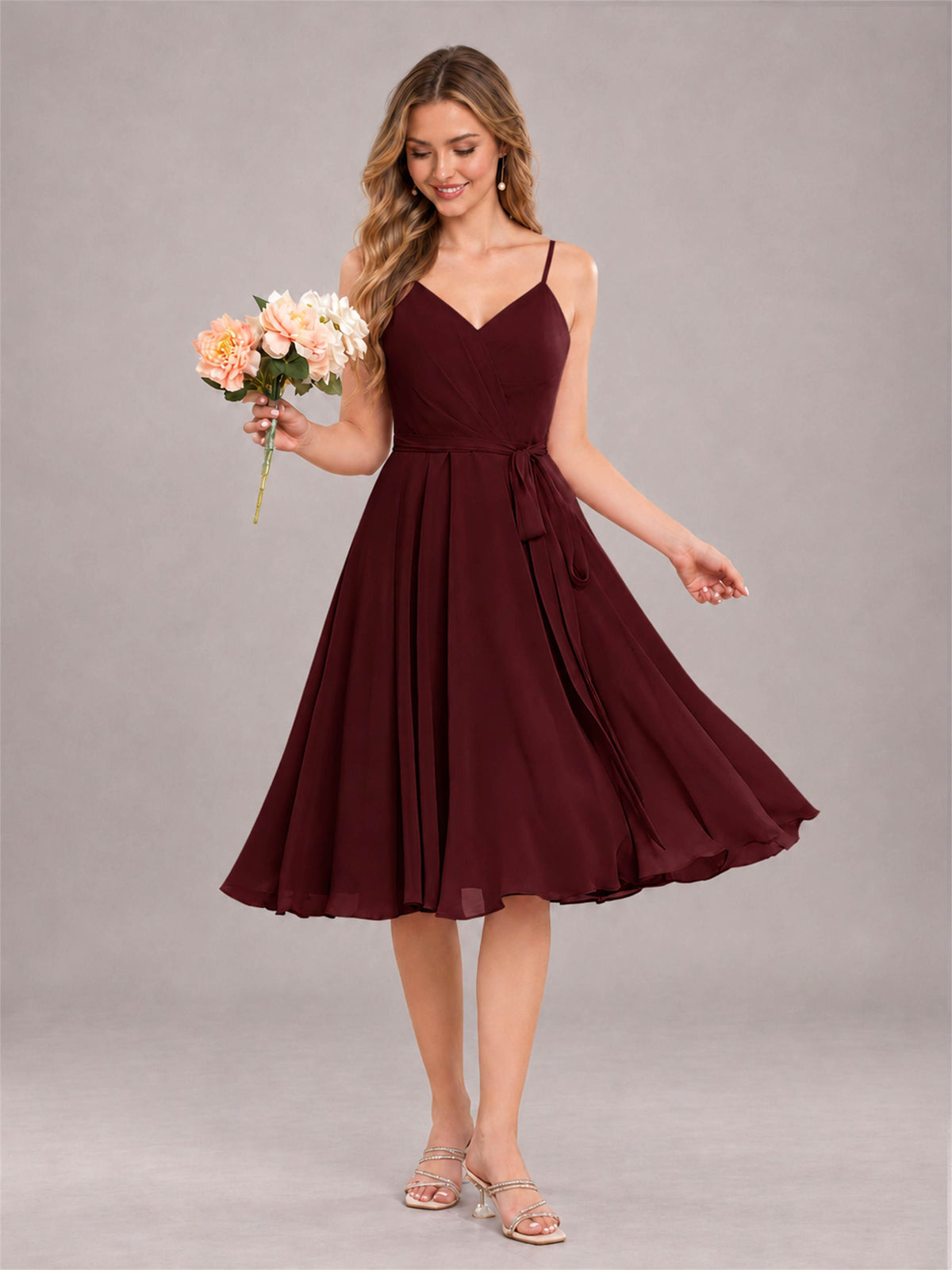 Cabernet Simple Spaghetti Straps Knee Length Chiffon Short Bridesmaid Dress