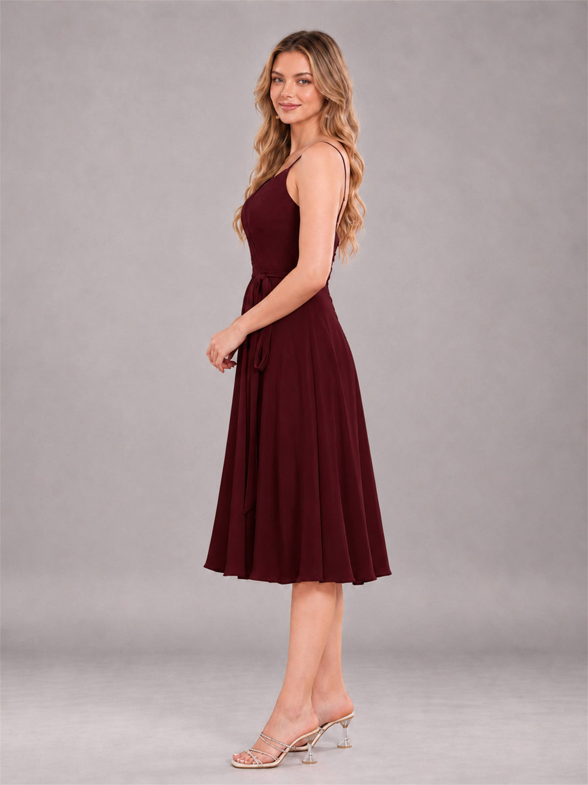 Cabernet Simple Spaghetti Straps Knee Length Chiffon Short Bridesmaid Dress