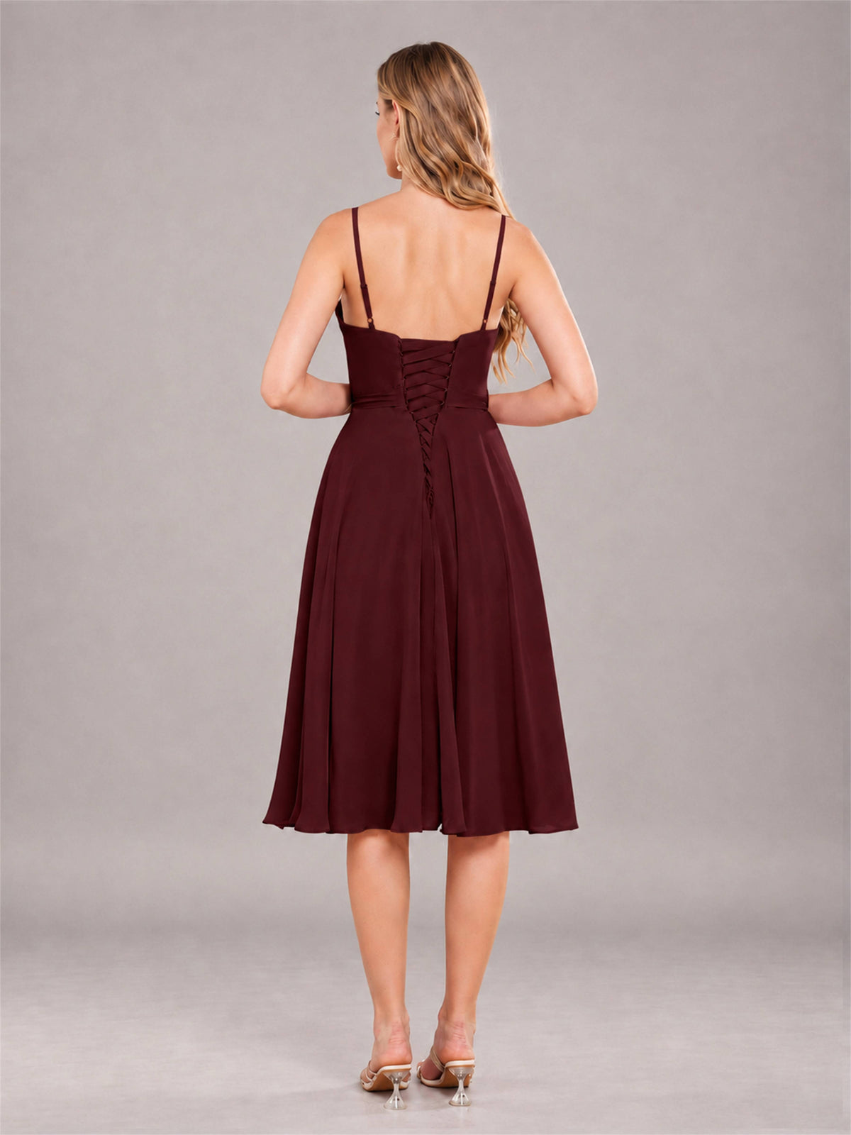 Cabernet Simple Spaghetti Straps Knee Length Chiffon Short Bridesmaid Dress