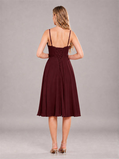 Cabernet Simple Spaghetti Straps Knee Length Chiffon Short Bridesmaid Dress