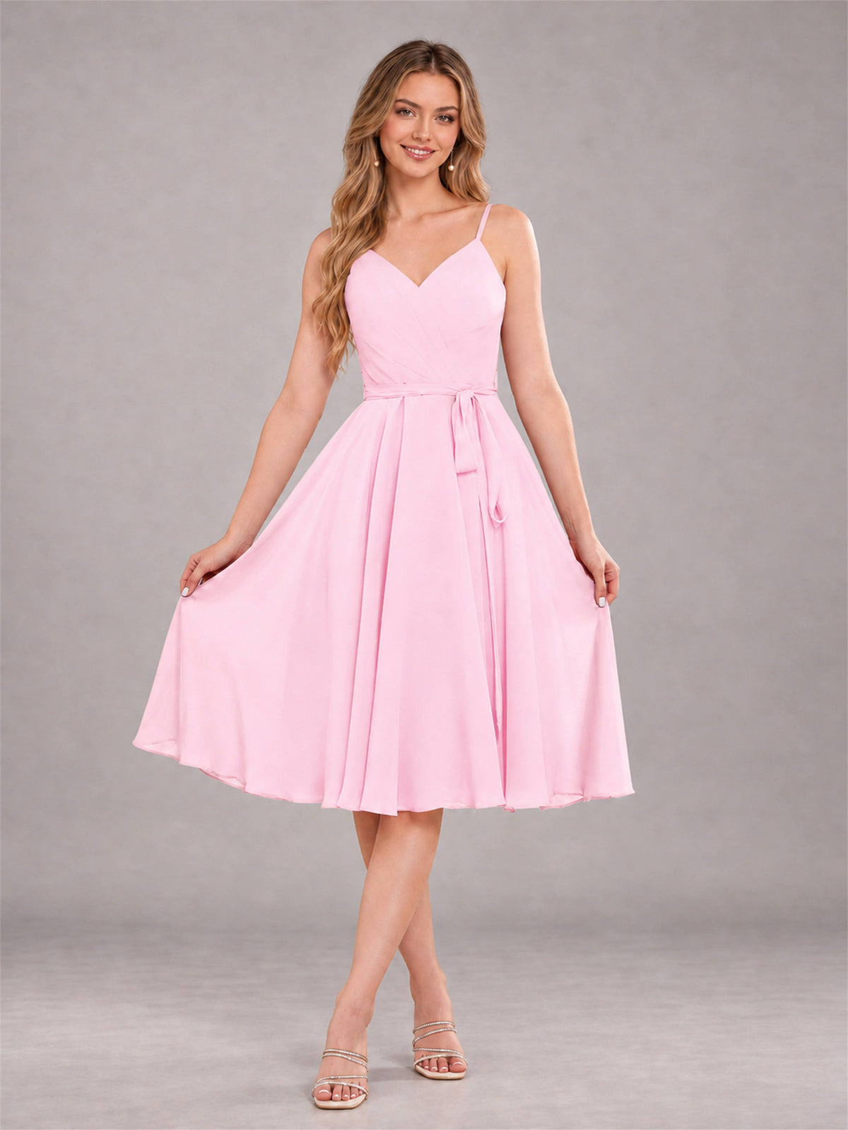 Candy Pink Simple Spaghetti Straps Knee Length Chiffon Short Bridesmaid Dress