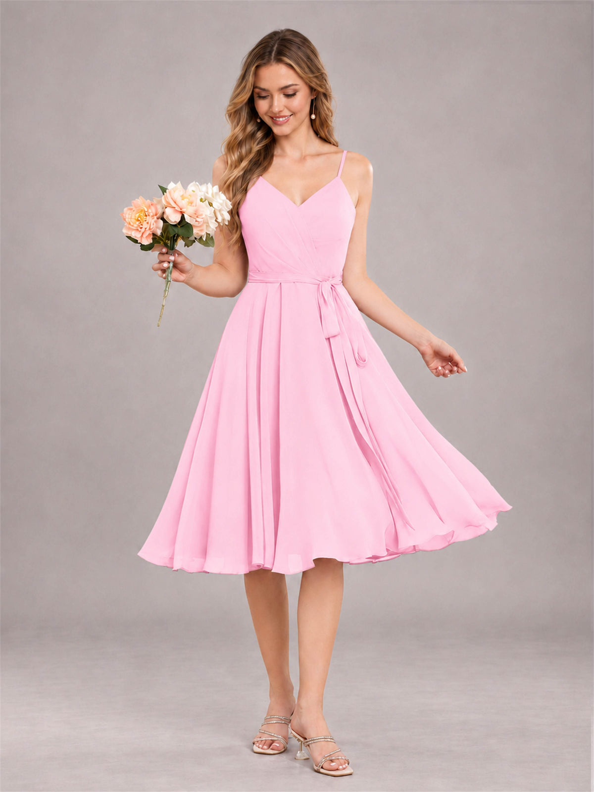 Candy Pink Simple Spaghetti Straps Knee Length Chiffon Short Bridesmaid Dress