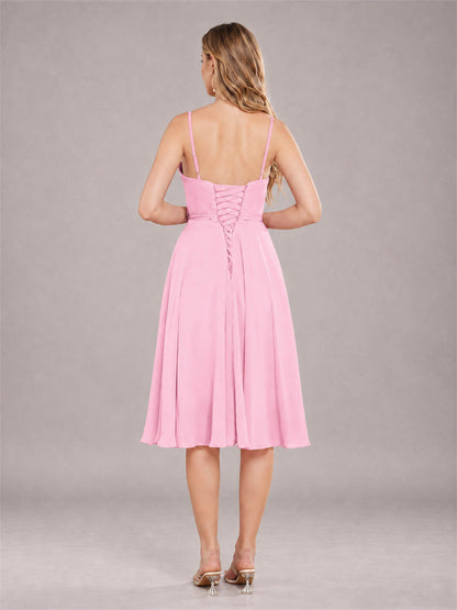 Candy Pink Simple Spaghetti Straps Knee Length Chiffon Short Bridesmaid Dress