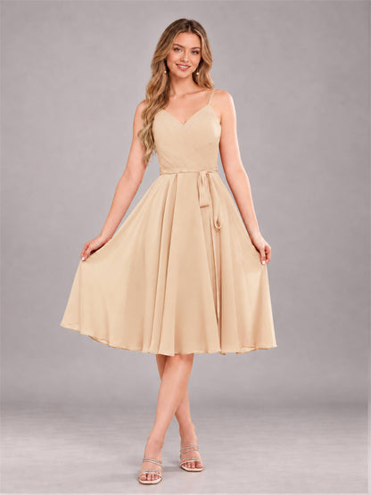 Champagne Simple Spaghetti Straps Knee Length Chiffon Short Bridesmaid Dress