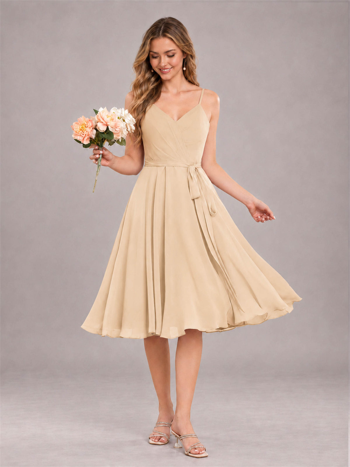Champagne Simple Spaghetti Straps Knee Length Chiffon Short Bridesmaid Dress