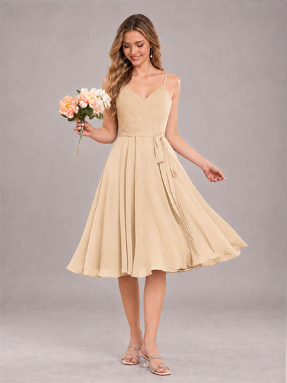 Champagne Simple Spaghetti Straps Knee Length Chiffon Short Bridesmaid Dress