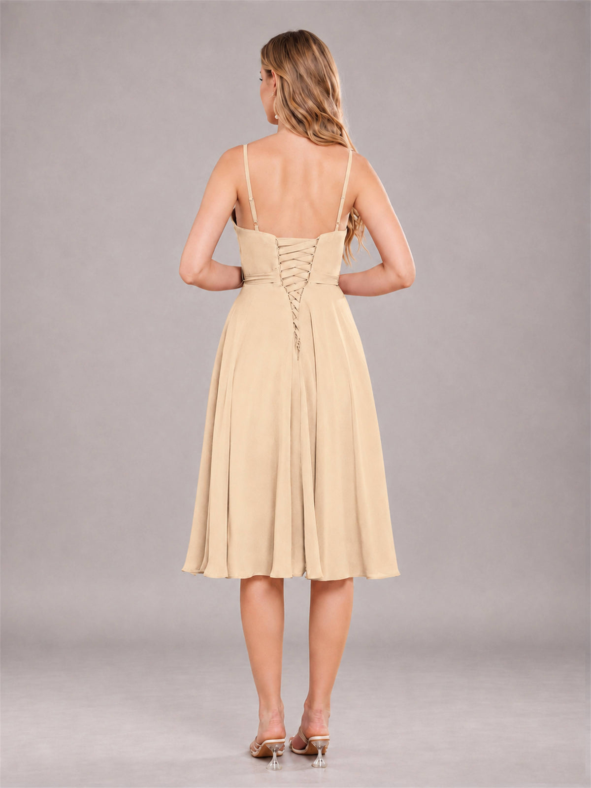 Champagne Simple Spaghetti Straps Knee Length Chiffon Short Bridesmaid Dress