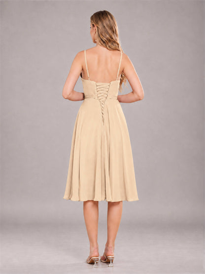 Champagne Simple Spaghetti Straps Knee Length Chiffon Short Bridesmaid Dress