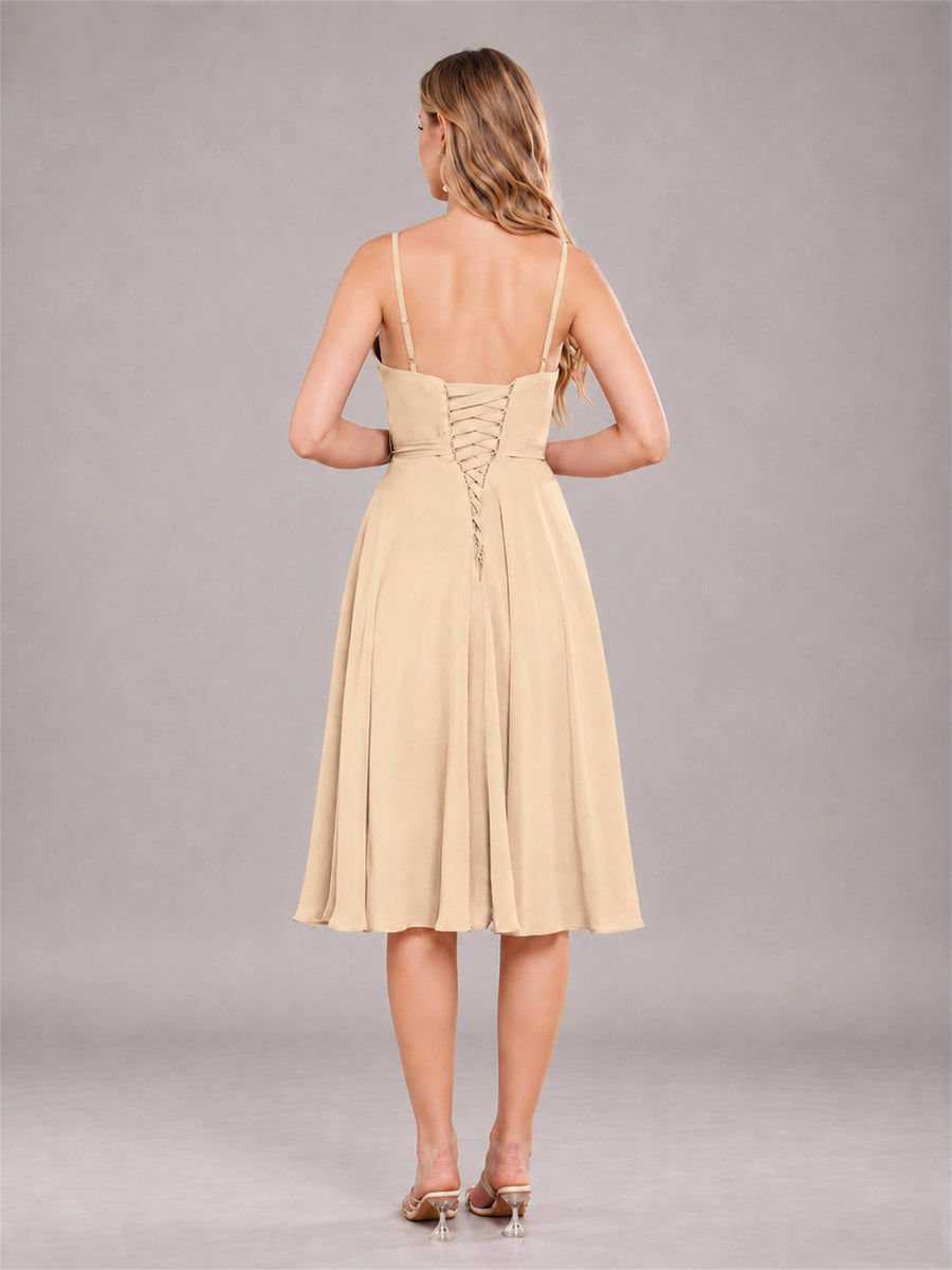 Champagne Simple Spaghetti Straps Knee Length Chiffon Short Bridesmaid Dress
