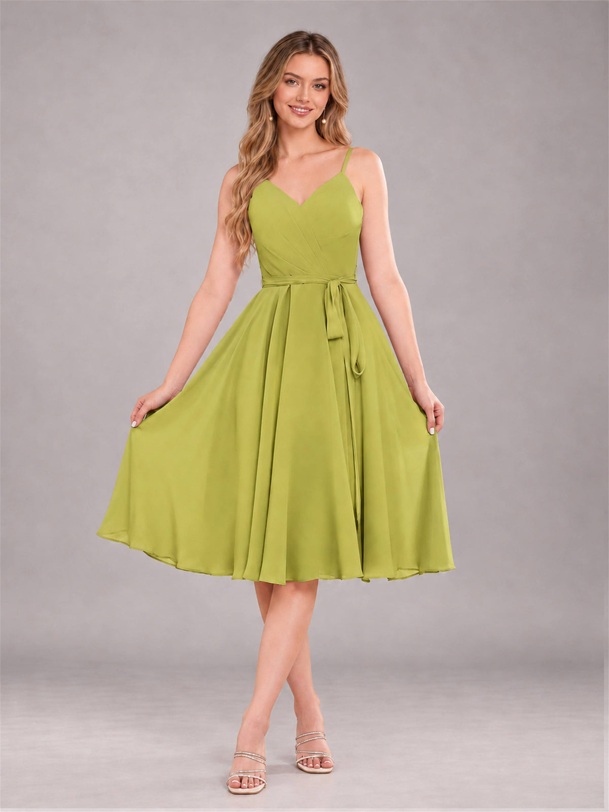 Chartreuse Simple Spaghetti Straps Knee Length Chiffon Short Bridesmaid Dress