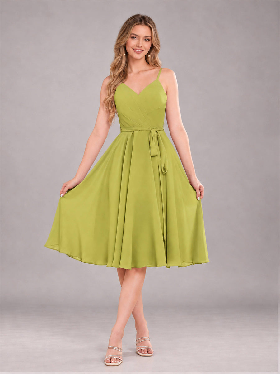 Chartreuse Simple Spaghetti Straps Knee Length Chiffon Short Bridesmaid Dress
