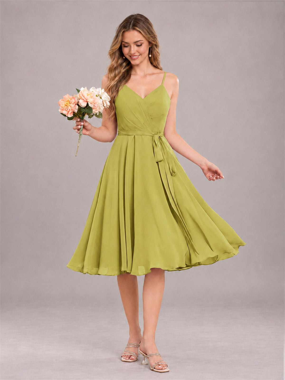 Chartreuse Simple Spaghetti Straps Knee Length Chiffon Short Bridesmaid Dress