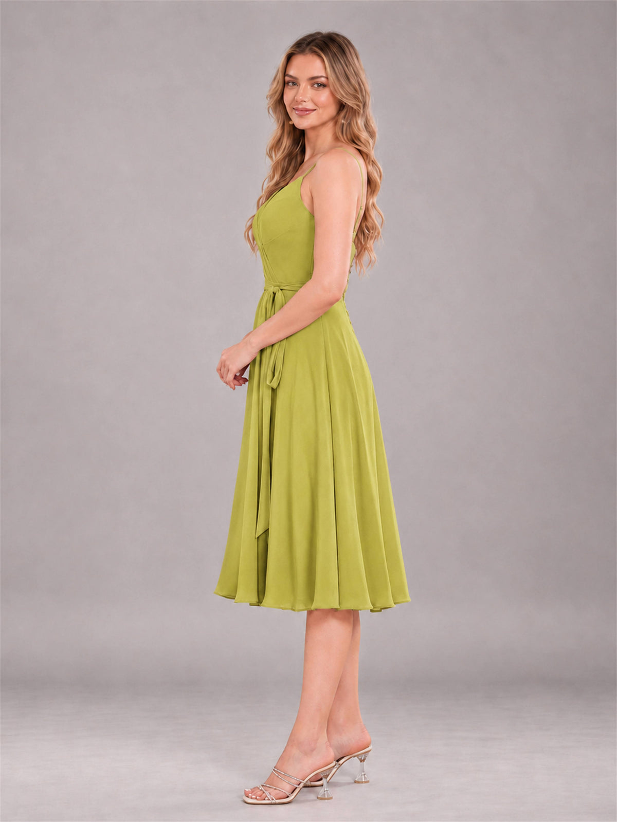Chartreuse Simple Spaghetti Straps Knee Length Chiffon Short Bridesmaid Dress