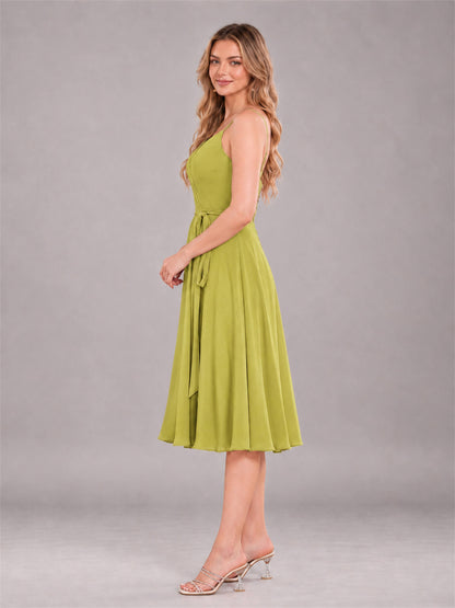 Chartreuse Simple Spaghetti Straps Knee Length Chiffon Short Bridesmaid Dress