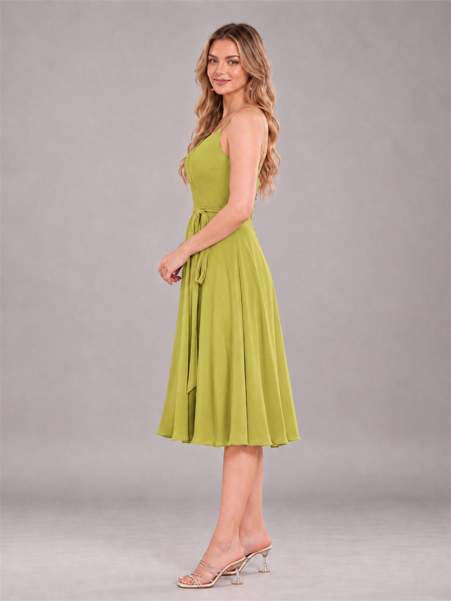 Chartreuse Simple Spaghetti Straps Knee Length Chiffon Short Bridesmaid Dress