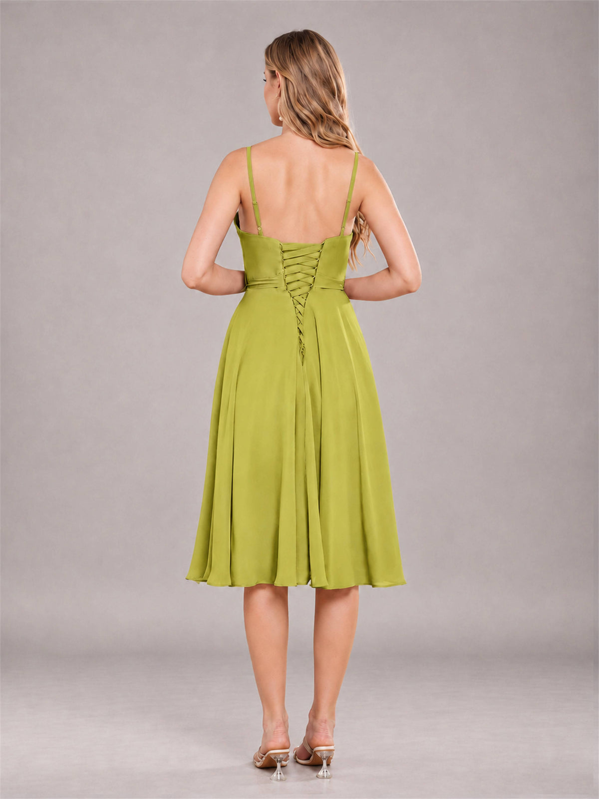 Chartreuse Simple Spaghetti Straps Knee Length Chiffon Short Bridesmaid Dress