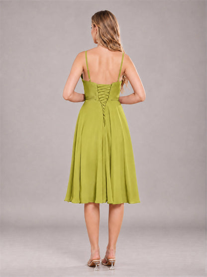 Chartreuse Simple Spaghetti Straps Knee Length Chiffon Short Bridesmaid Dress